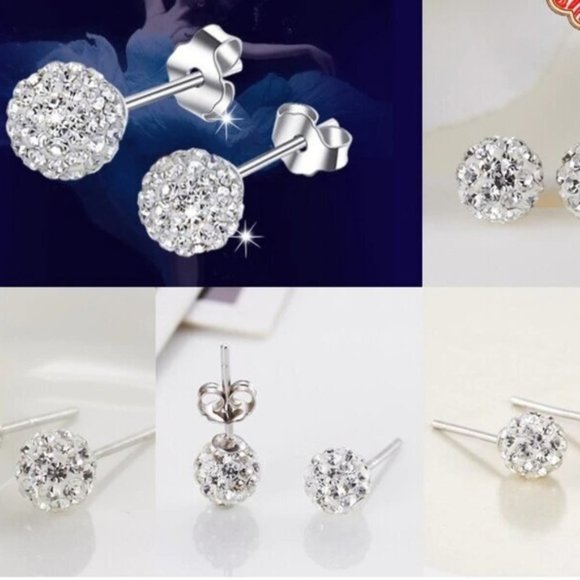 NEW Silver Full Zircon Crystal Round Ball Stud Earrings - Picture 3 of 4